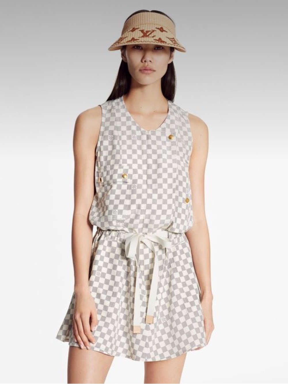 NWT Louis Vuitton Ecru Damier Azur Sleeveless Drawstring Mini Dress
